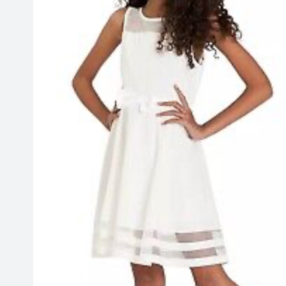 Calvin Klein Illusion Mesh bow girls fit‎ & flare ivory dress sleeveless sz 18.5
